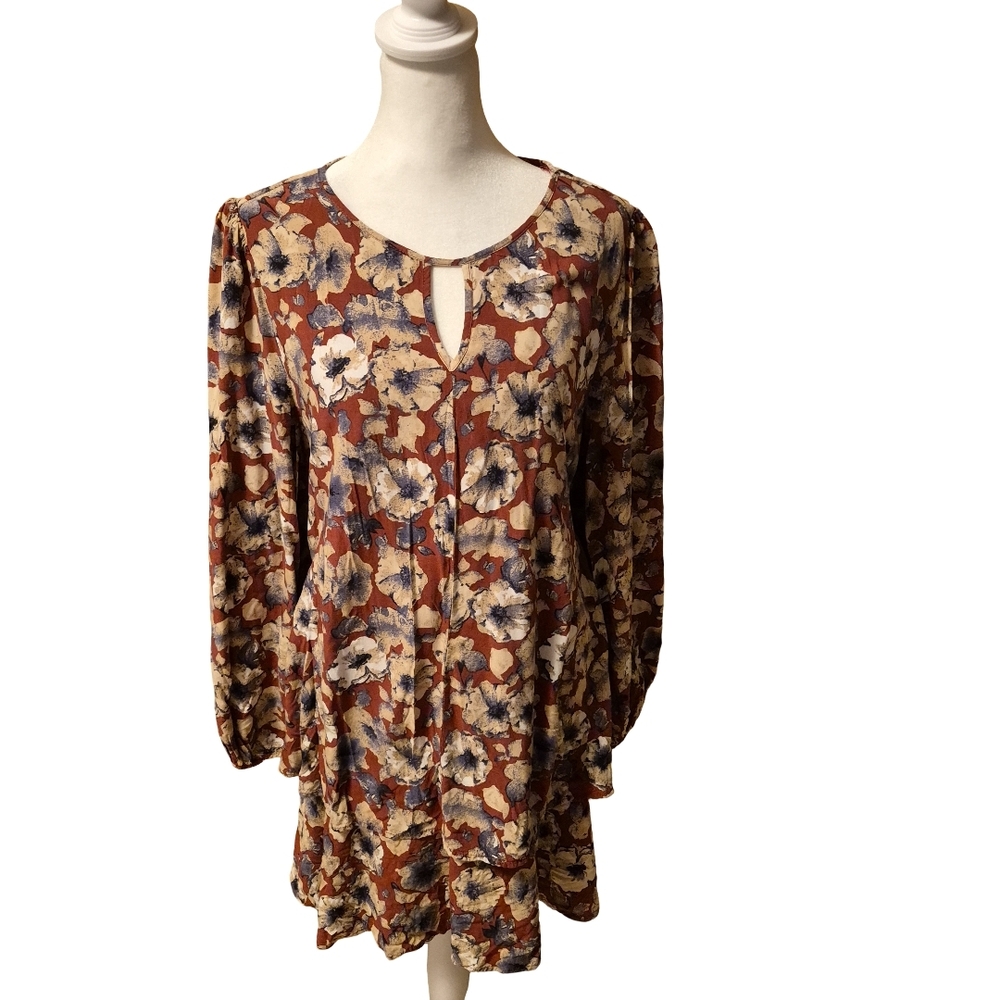 She + Sky Floral Blouse or mini dress - Brown and Cream